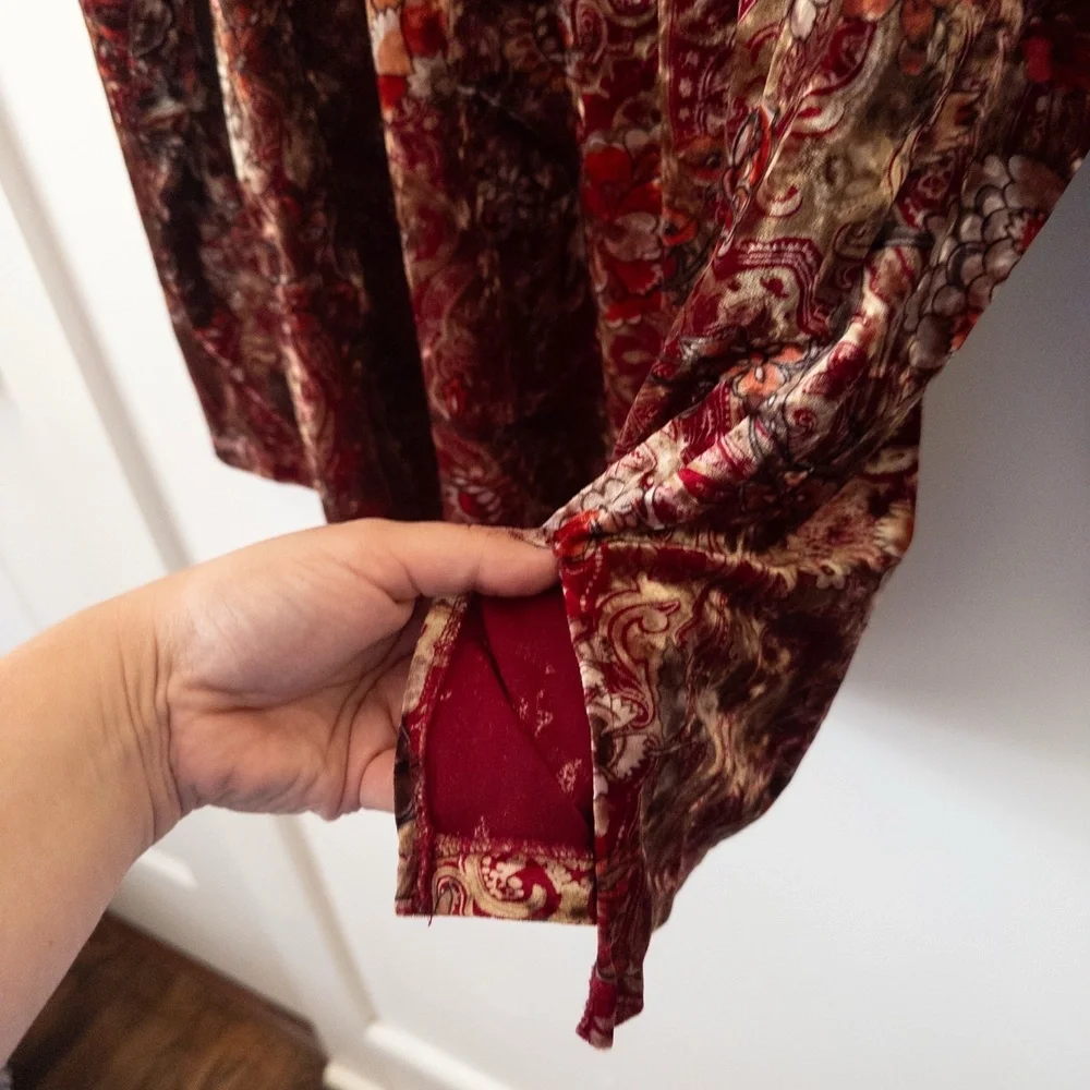 Vintage 90s Velvet Floral Top Womens L Dark Red Gold Paisley Witchy Romantic - Picture 6 of 11